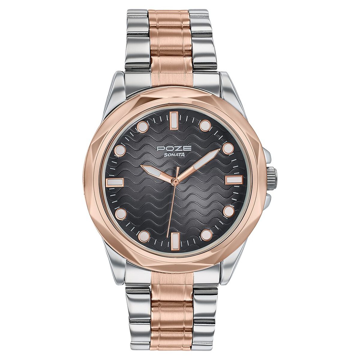 Poze By Sonata Quartz Analog Black Dial Two Toned Metal Strap Watch For Men 2