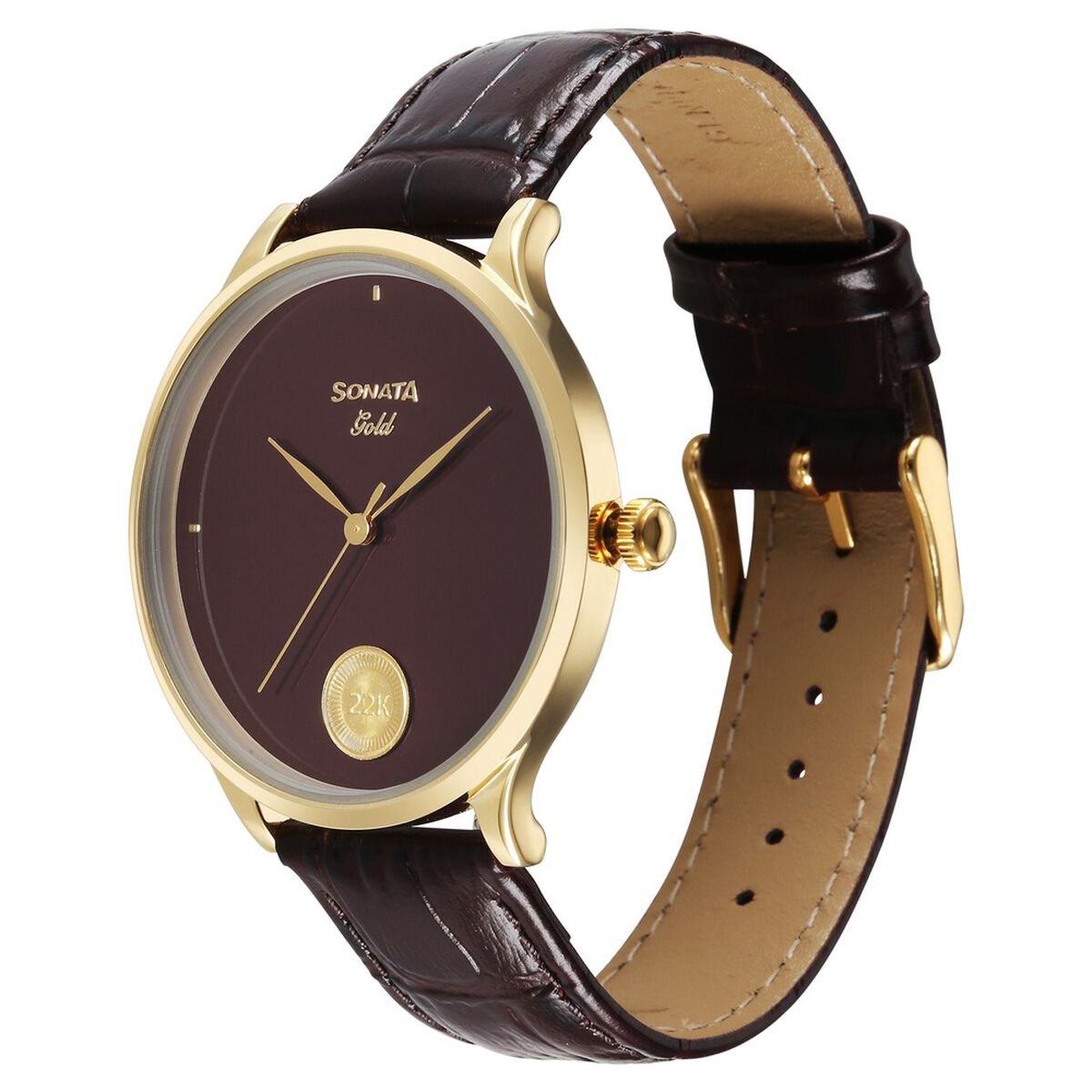 Sonata Gold Quartz Analog Regal Maroon With Gold Coin Dial Brown Leather Strap Watch For Men 3