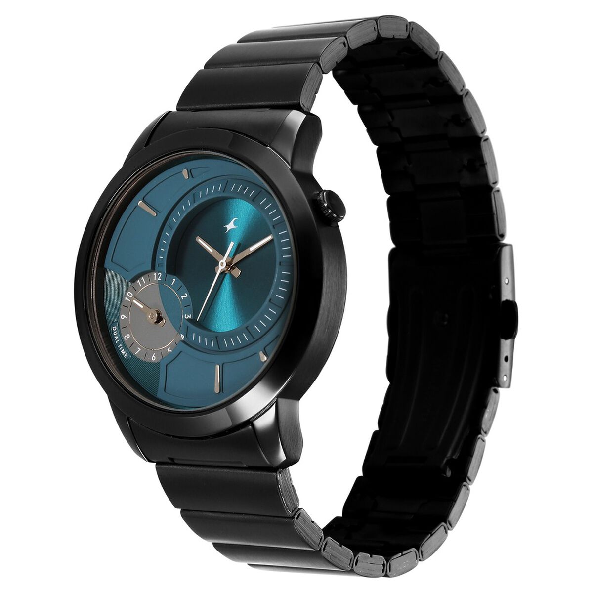 Fastrack Pulse IV Dual Time Watch for Men with Petrol Blue Sunray Dial & Black Metal Strap 3