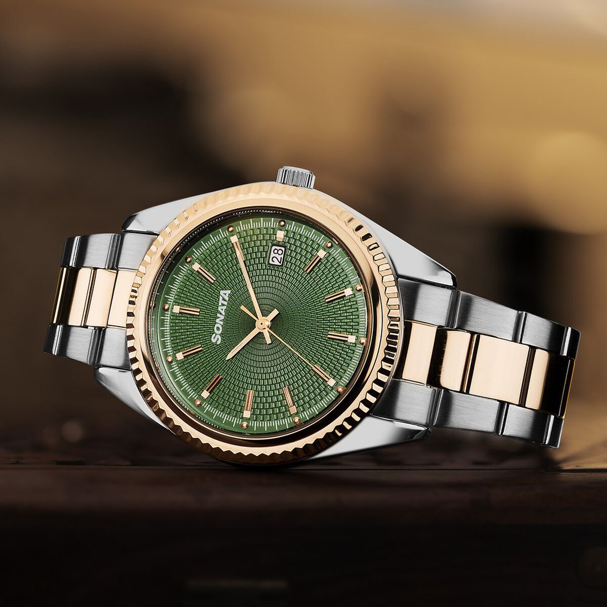 Sonata Festive Quartz Analog with Date Green Dial Metal Strap Watch For Men 1