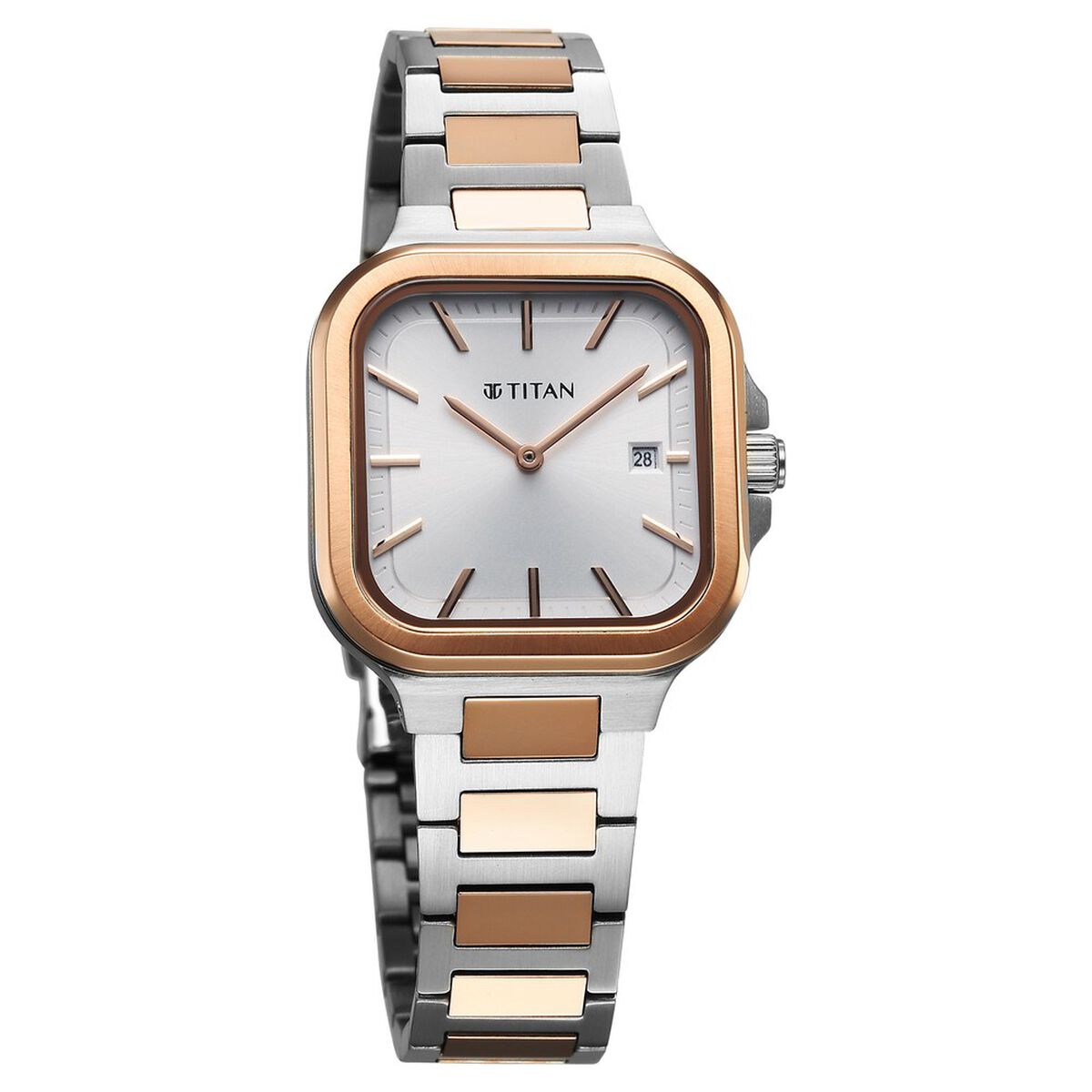 Titan Slim Square Quartz Analog with Date Silver Dial With Two Toned Color Stainless Steel Strap Watch For Women 2