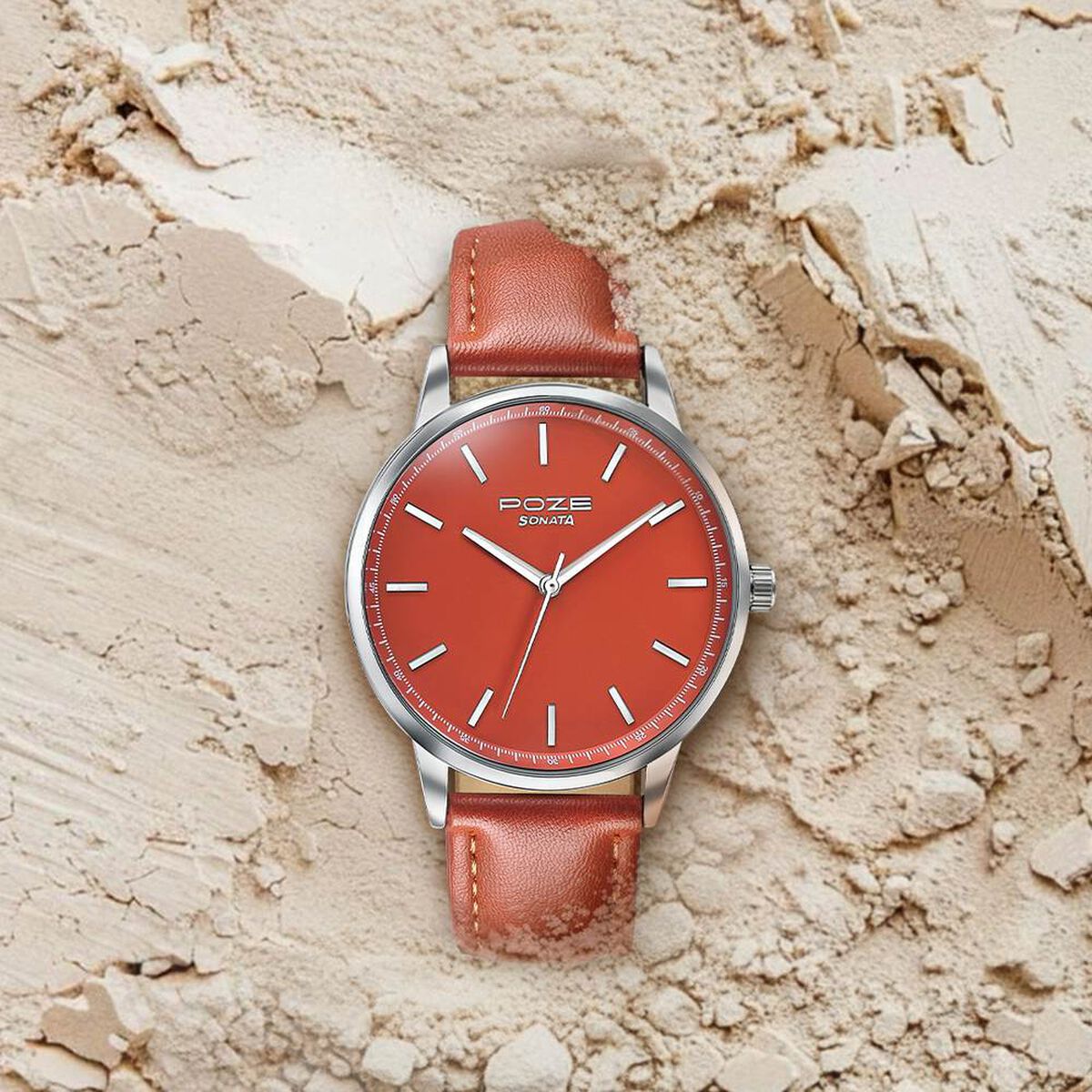 Poze By Sonata Quartz Analog Orange Dial Orange Leather Strap Watch For Men 1
