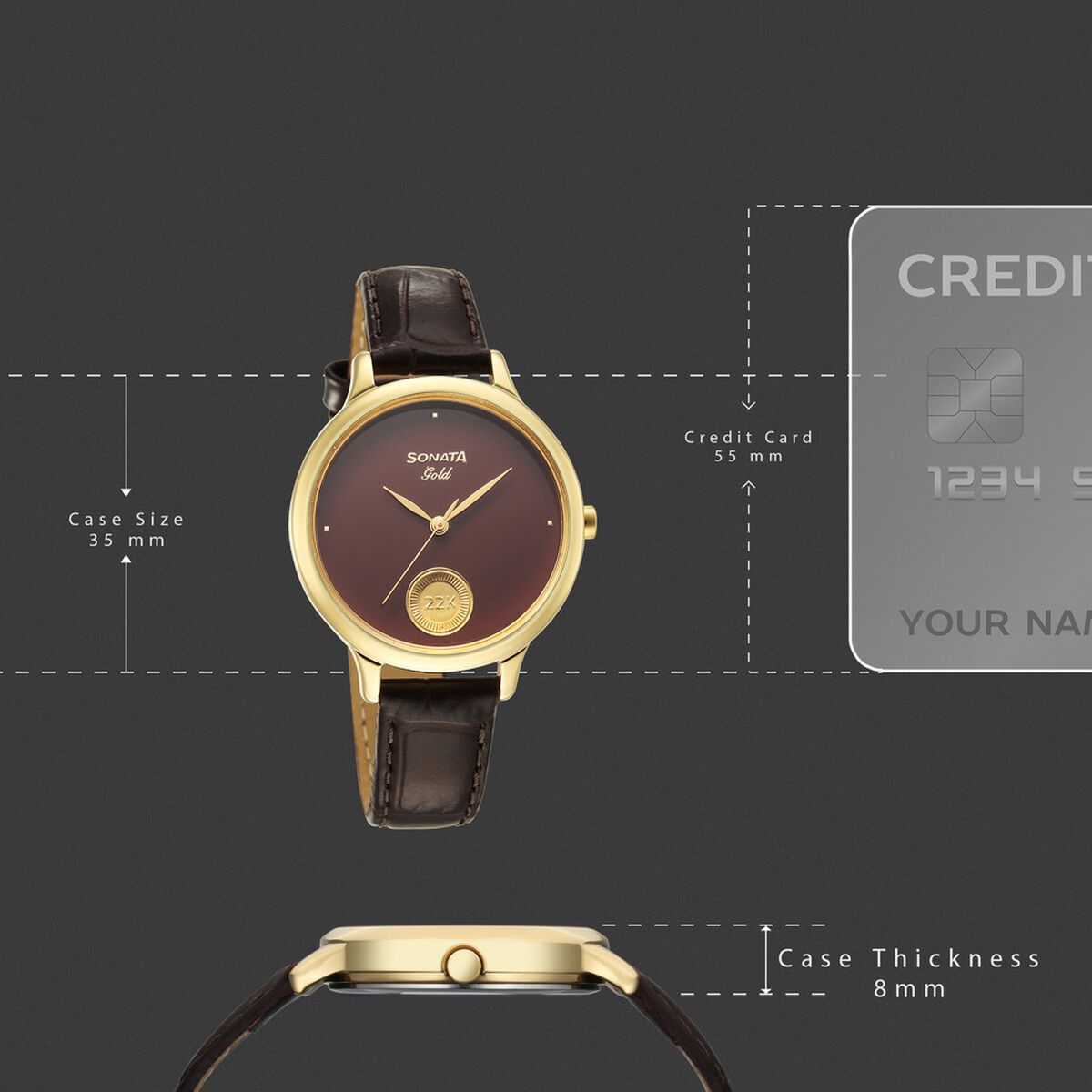 Sonata Gold Quartz Analog Regal Maroon With Gold Coin Dial Brown Leather Strap Watch For Women 4