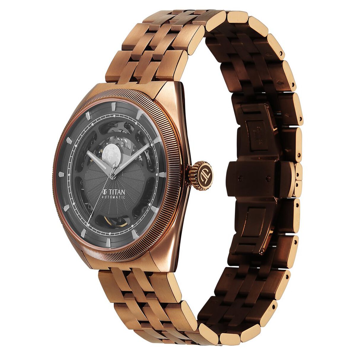 Titan Stellar Cupola Automatic Analog with Sun Moon Phase and Gray Dial IP Bronze Stainless Steel Strap Watch for Men 5
