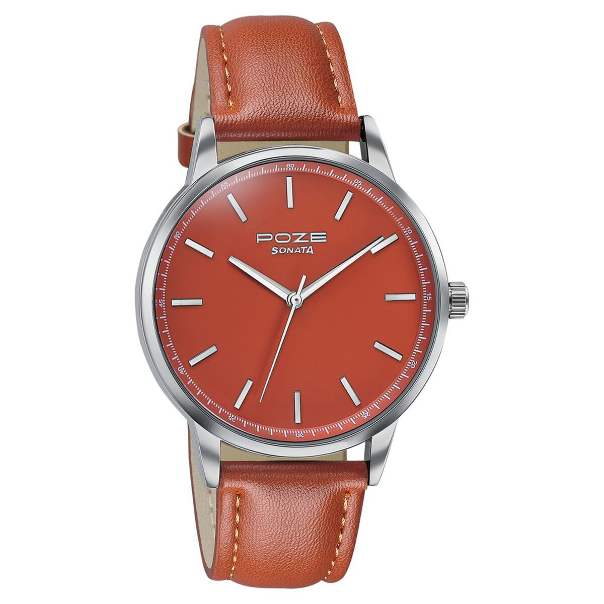 Poze By Sonata Quartz Analog Orange Dial Orange Leather Strap Watch For Men 3