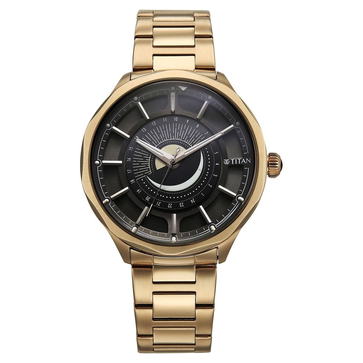 Titan Stellar Analog with Sun Moon Phase and Black Dial Carnation Gold Stainless Steel Strap Watch for Men 2
