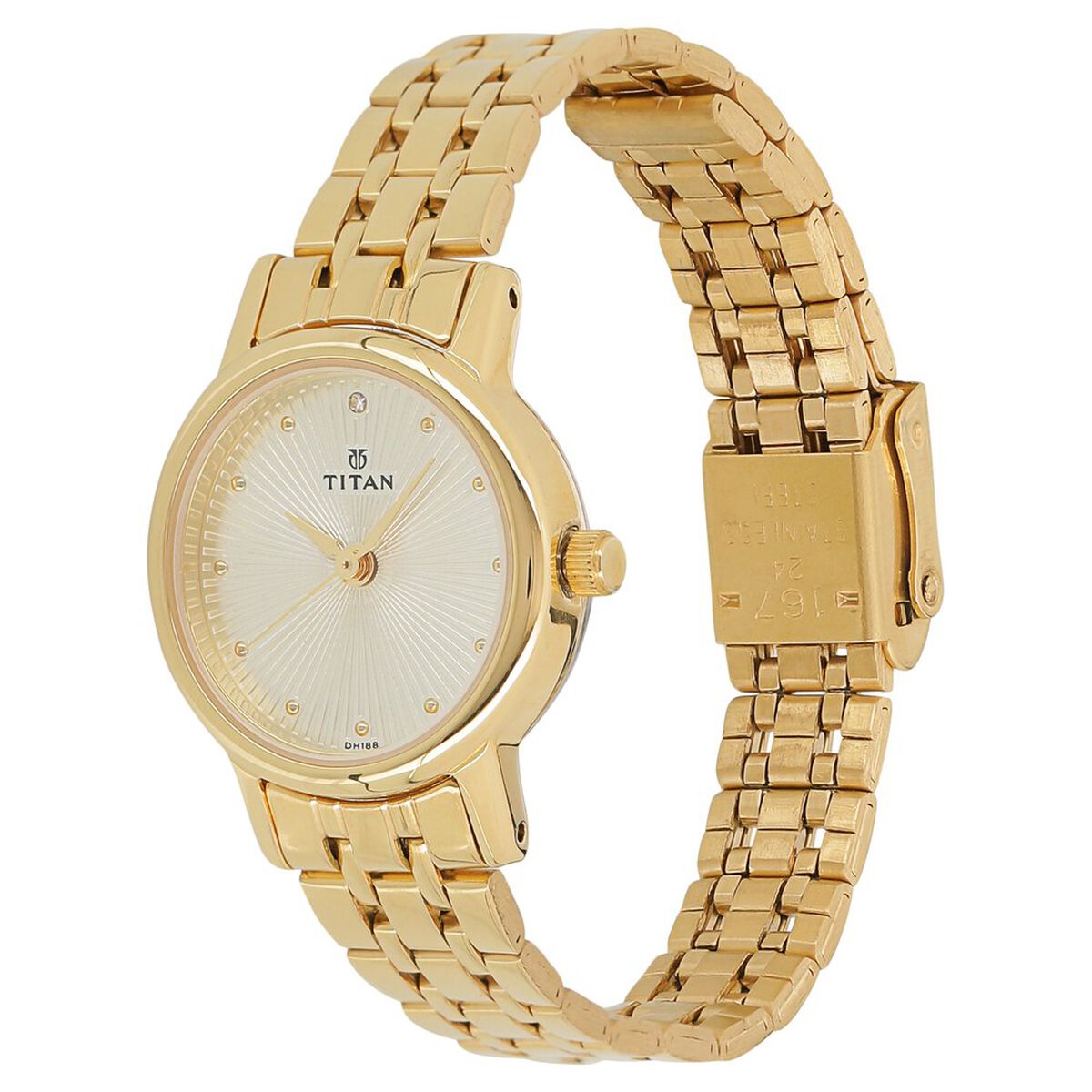 Titan Quartz Analog Champagne Round Dial Golden Stainless Steel Strap Watch For Women 2