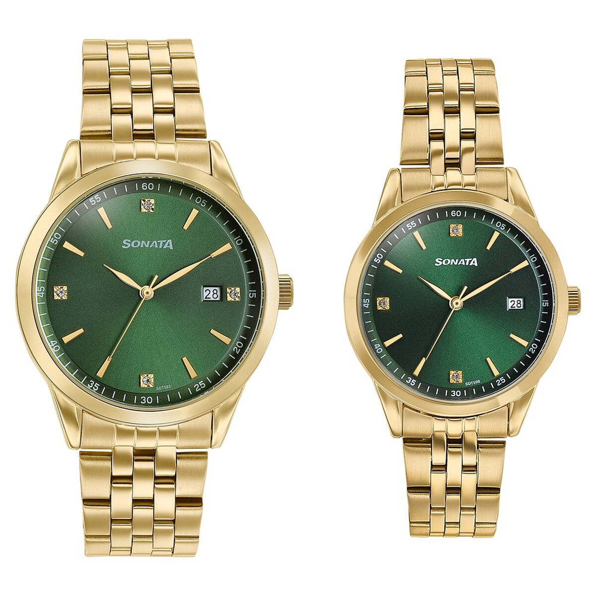 Sonata Jashn Quartz Analog Green Dial Golden Metal Strap Watch For Couple 1