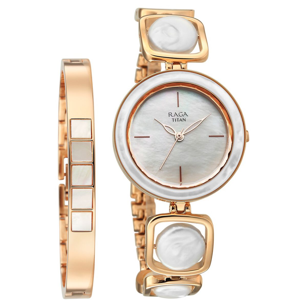 Titan Raga Power Pearls Quartz Analog Mother of Pearl Dial Rose Gold Metal Strap Watch For Women 1