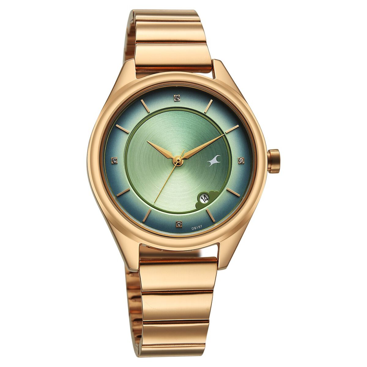 Fastrack Style Up Quartz Analog with Date Green Dial Rose Gold Colour Stainless Steel Strap Watch For Girls 2