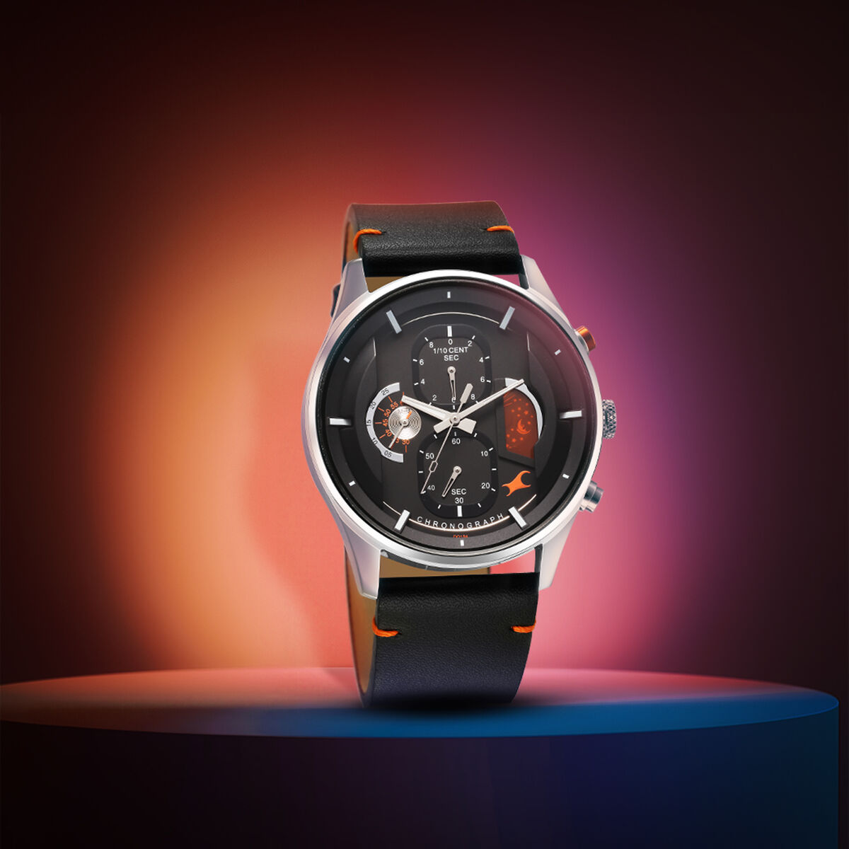 Fastrack Opulence Sun Moon Chronograph Black Dial Black Leather Strap Analog Quartz Watch For Guys 1