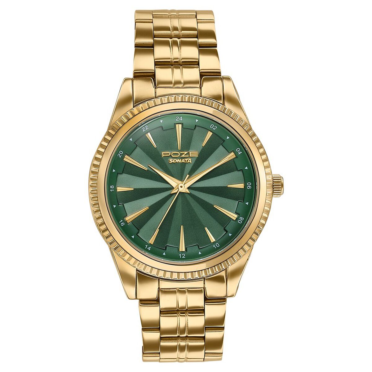 Poze By Sonata Quartz Analog Green Dial Gold Metal Strap Watch For Men 2