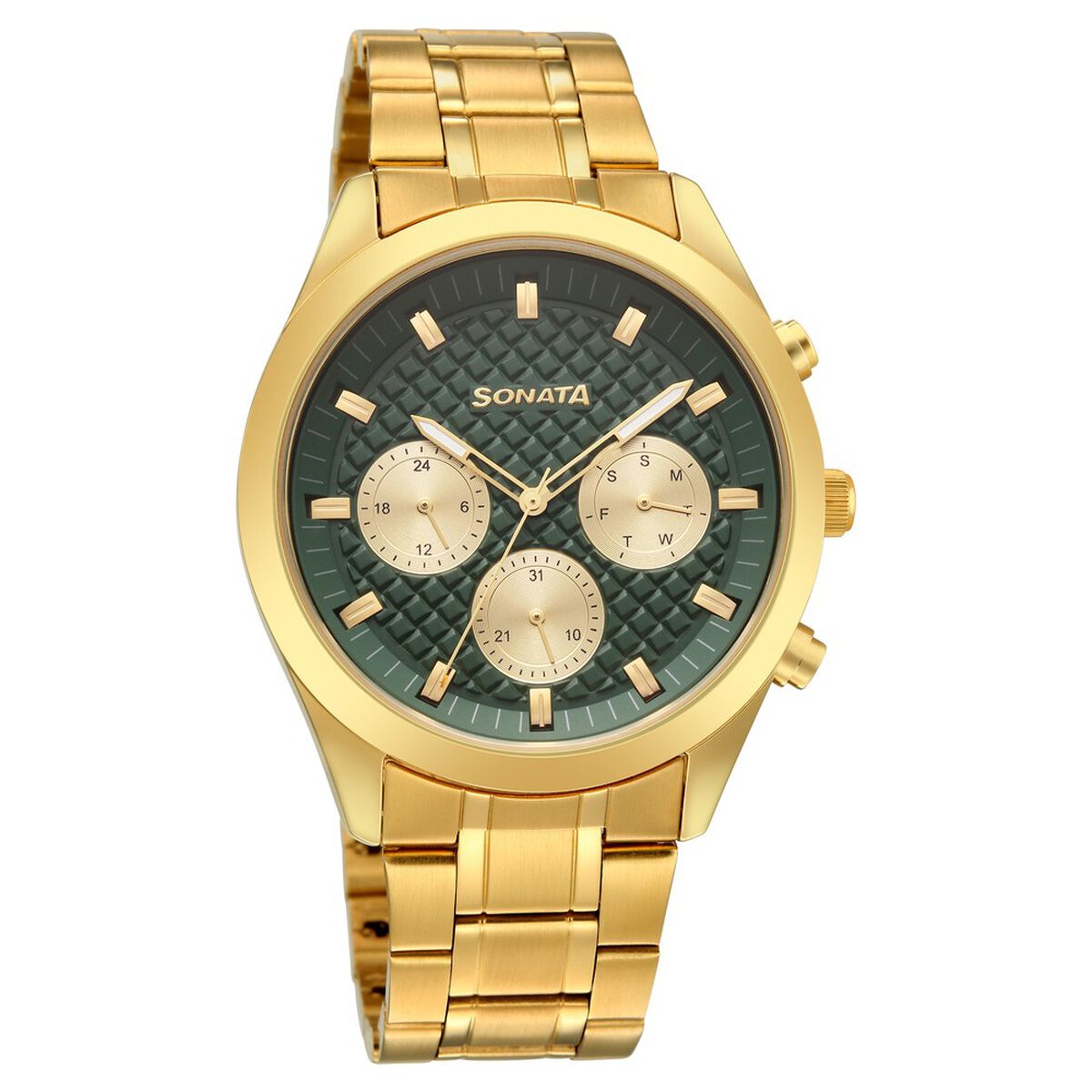 Sonata Multifunction Green Dial Golden Metal Strap Watch For Men 2