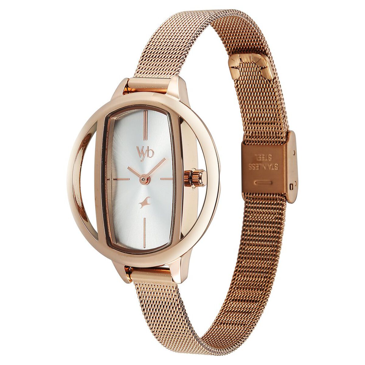 Vyb Charmer By Fastrack Quartz Analog Silver Dial Rose Gold Stainless Steel Strap Watch For Girls 5