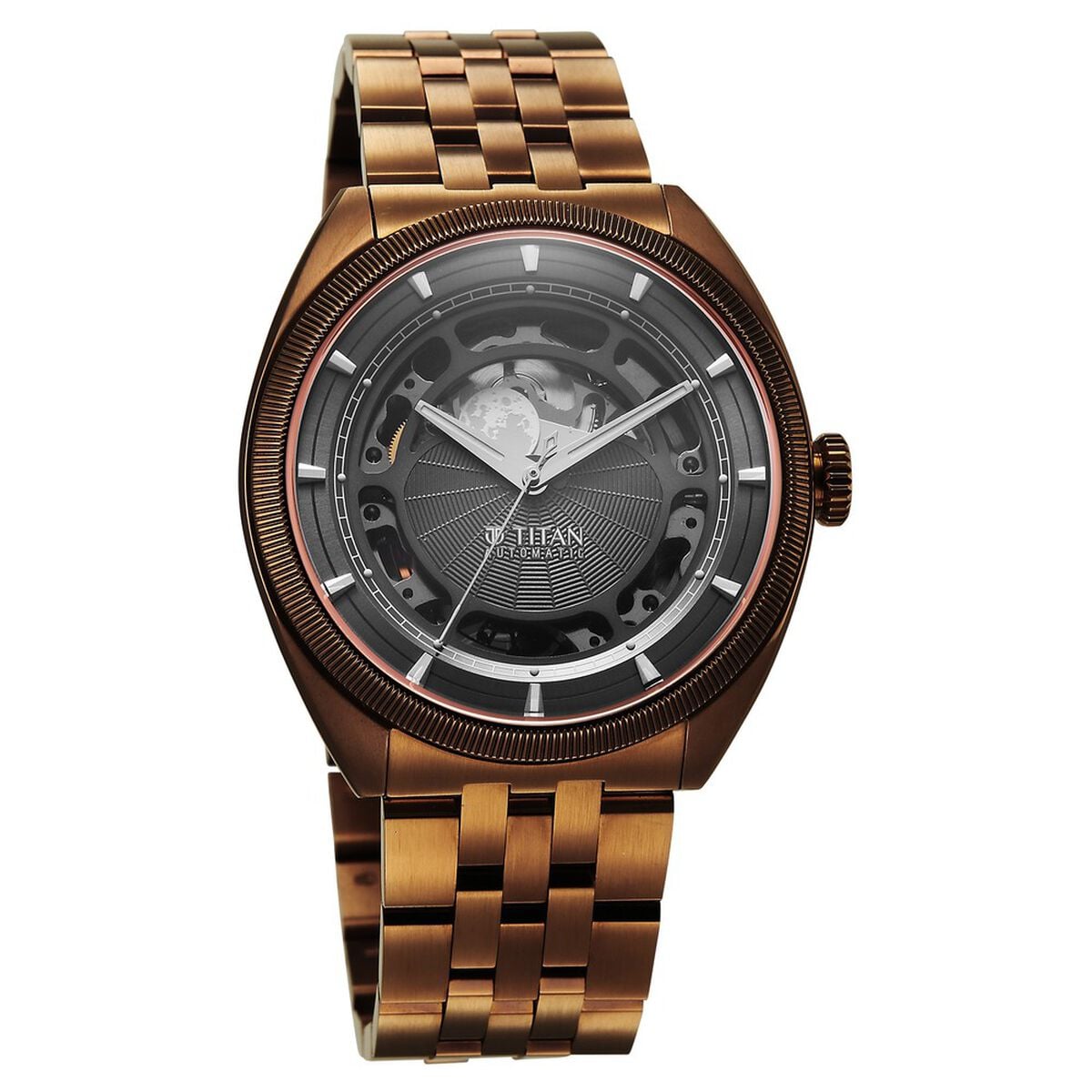 Titan Stellar Cupola Automatic Analog with Sun Moon Phase and Gray Dial IP Bronze Stainless Steel Strap Watch for Men 3