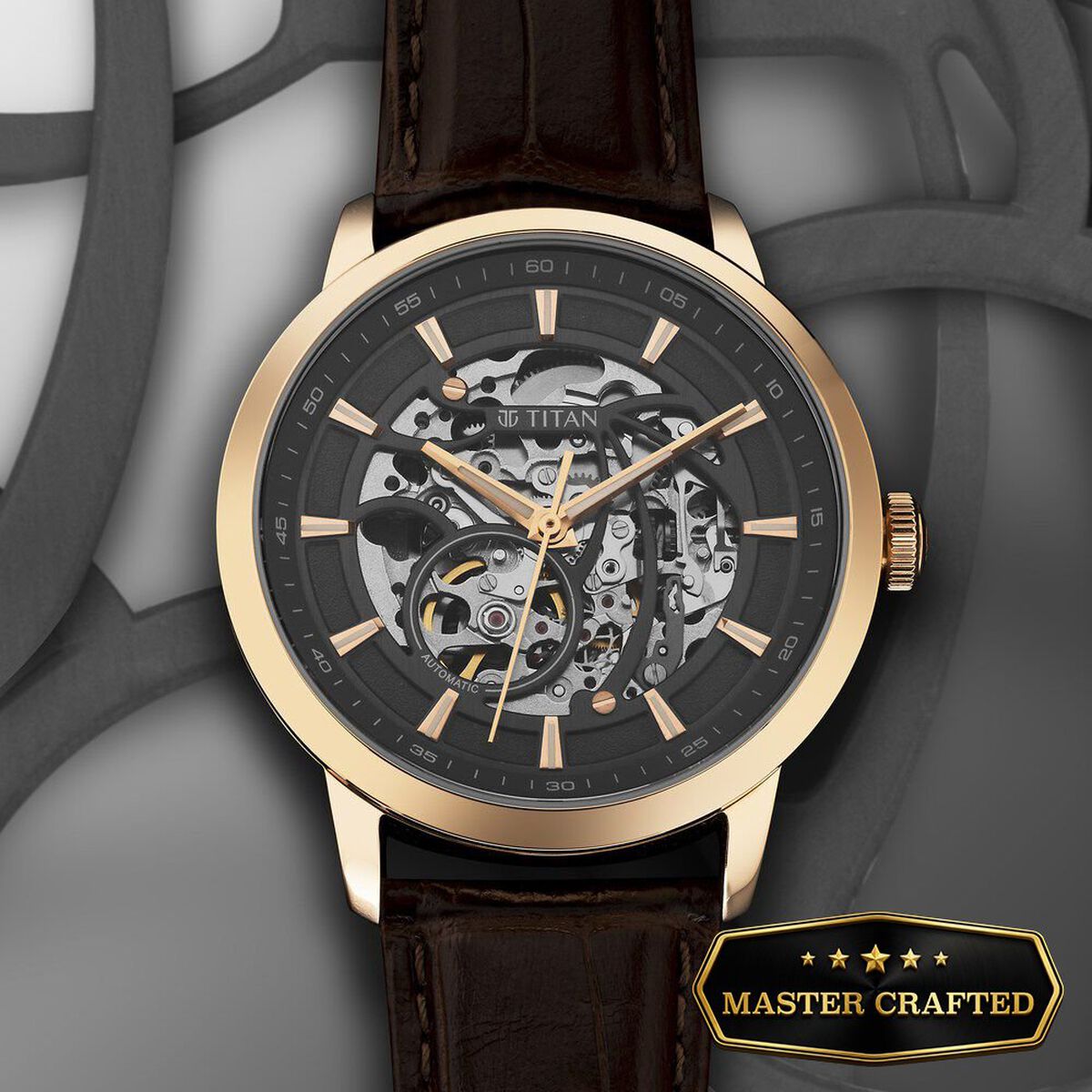 Titan Phoenix Skeletal Automatic Analog with Gun Dial Brown Leather Strap Watch for Men 1