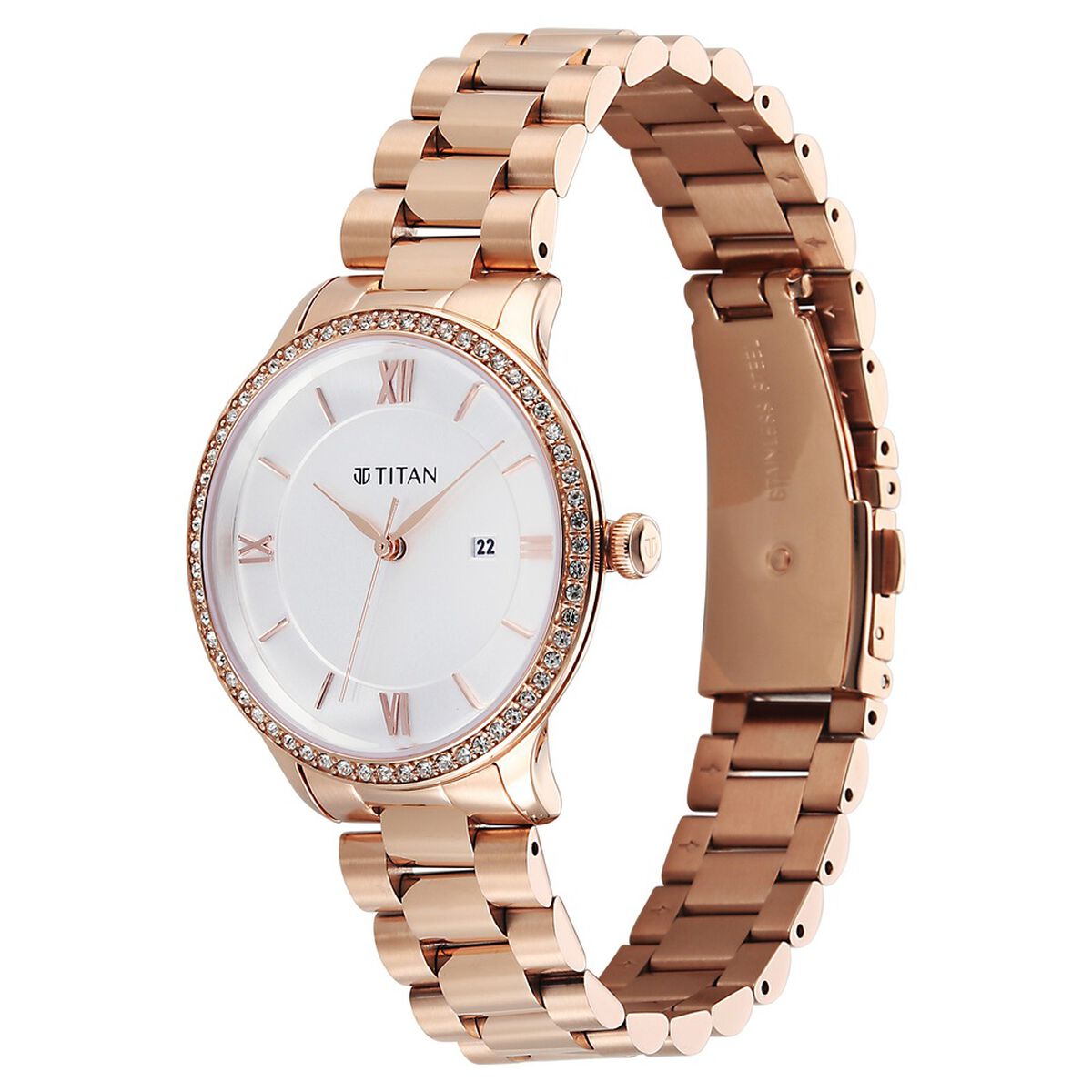 Titan Purple Prestige Quartz Analog with Date White Dial Rose Gold Stainless Steel Strap Watch For Women 3