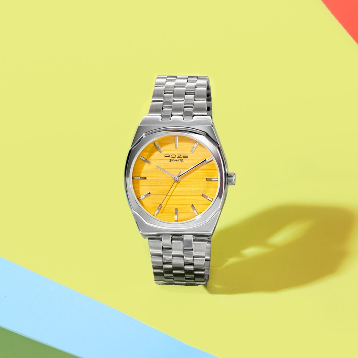 Sonata Poze Quartz Analog Yellow Dial Silver Colour Stainless Steel Strap Watch For Men 1