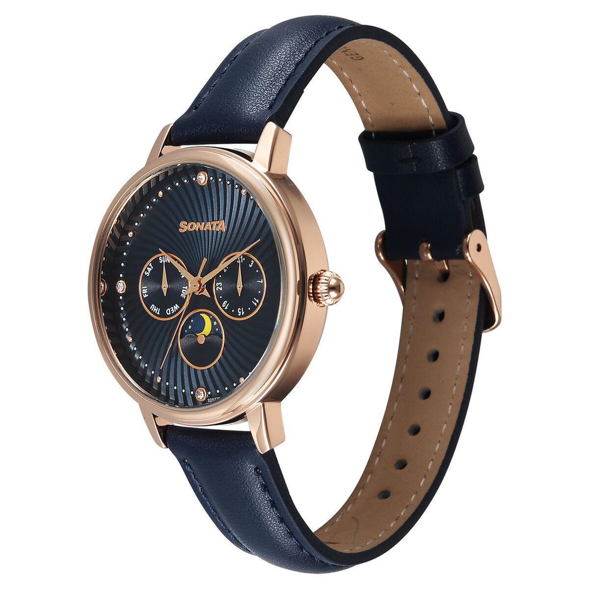 Sonata Festive Quartz Multifunction Blue Dial Leather Strap Watch For Women 2