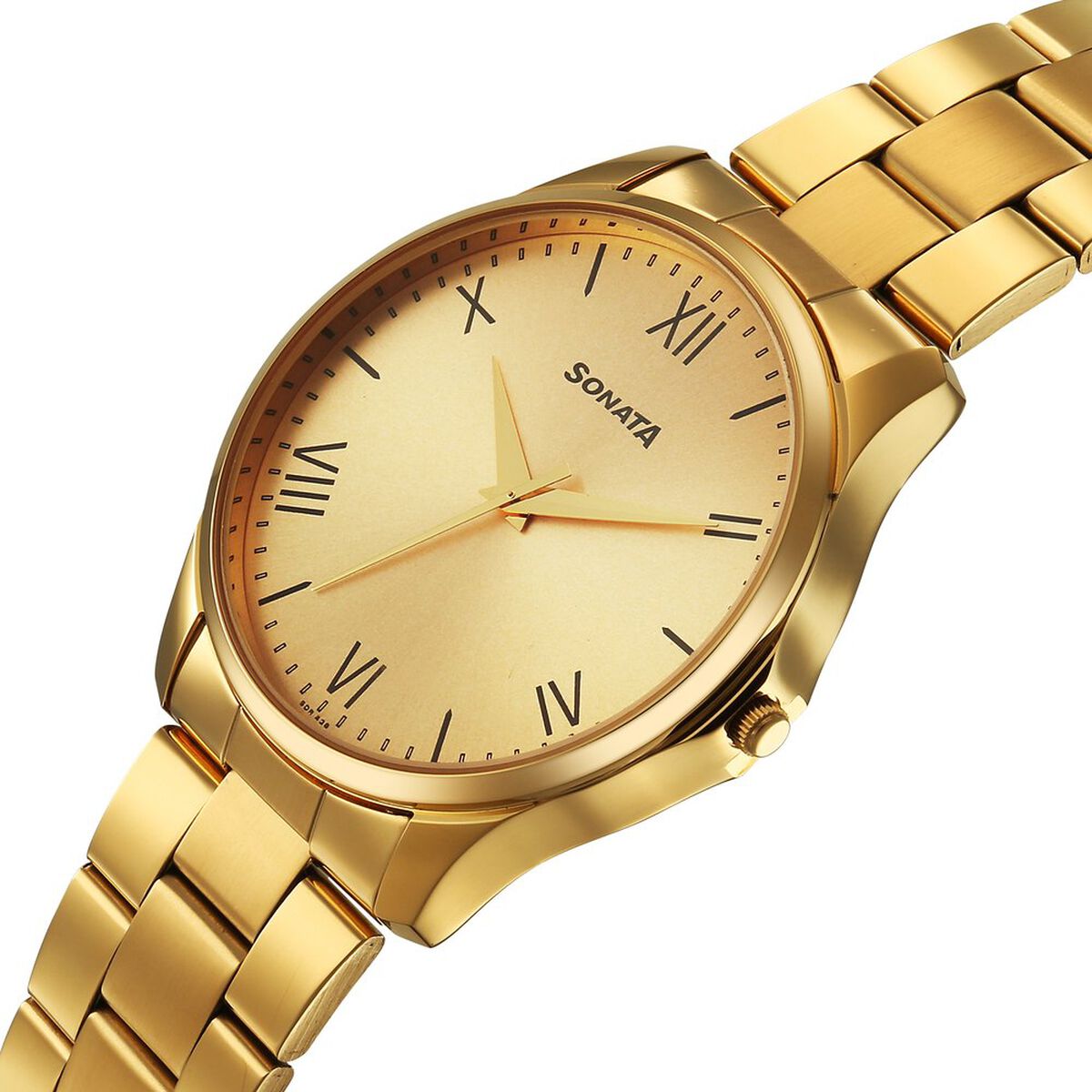 Sonata Traditional Essentials Quartz Analog Champagne Dial Golden Metal Strap Watch For Men 3