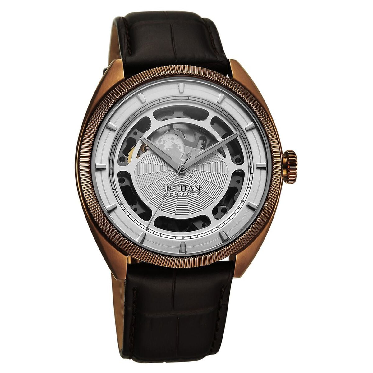 Titan Stellar Cupola Automatic Analog with Sun Moon Phase and Silver Dial Brown Leather Strap Watch for Men 3