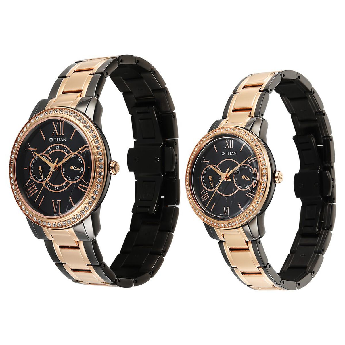 Titan Royal Bandhan Quartz Analog with Day and Date Black Dial Two Toned Strap Watch For Couple 3