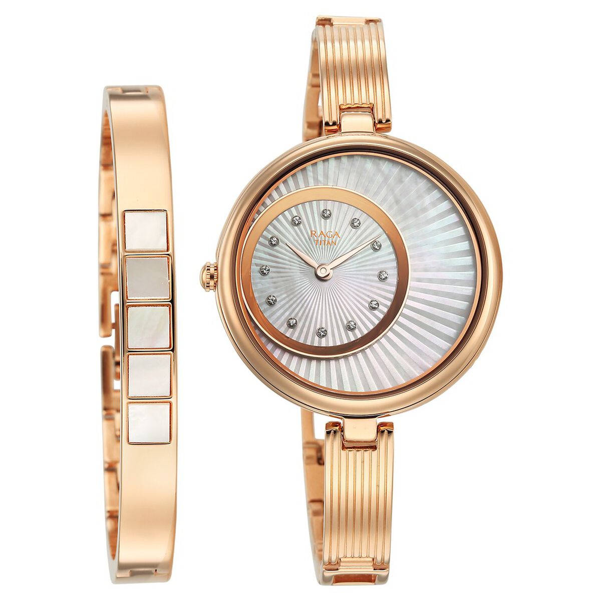 Titan Raga Power Pearls Quartz Analog Mother of Pearl Dial Rose Gold Metal Strap Watch For Women 1