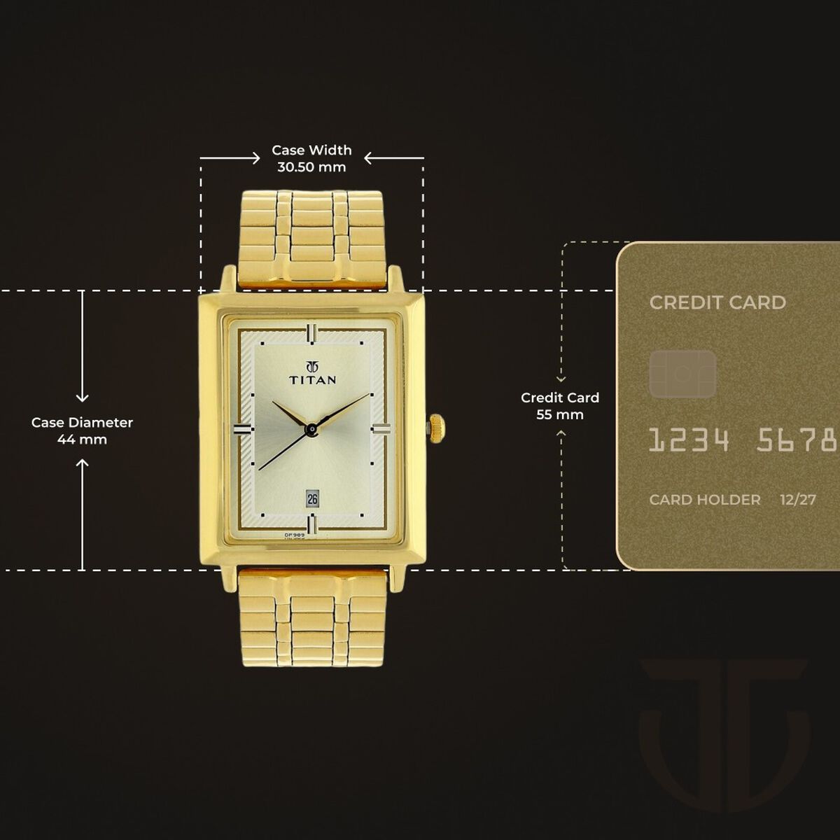 Titan Quartz Analog with Date Champagne Dial Golden Stainless Steel Strap Rectangular Shaped Watch For Men 3