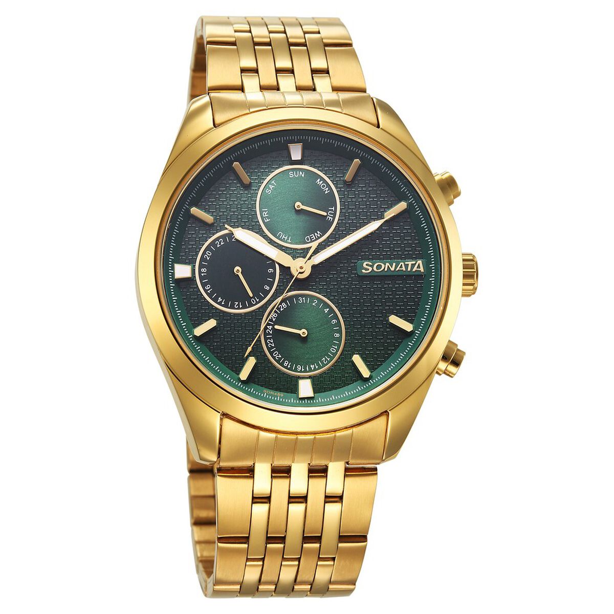 Sonata Magna Quartz Multifunction Green Dial Golden Stainless Steel Strap Watch For Men 2