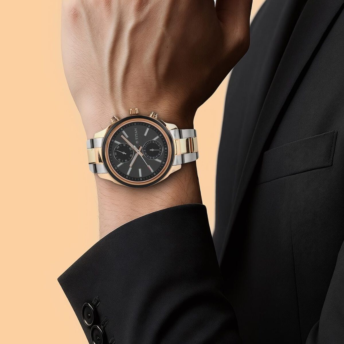 Titan Men's Metropolitan Luxe: Multifunction Black Dial with Two-Tone Stainless Steel Bracelet Watch 5