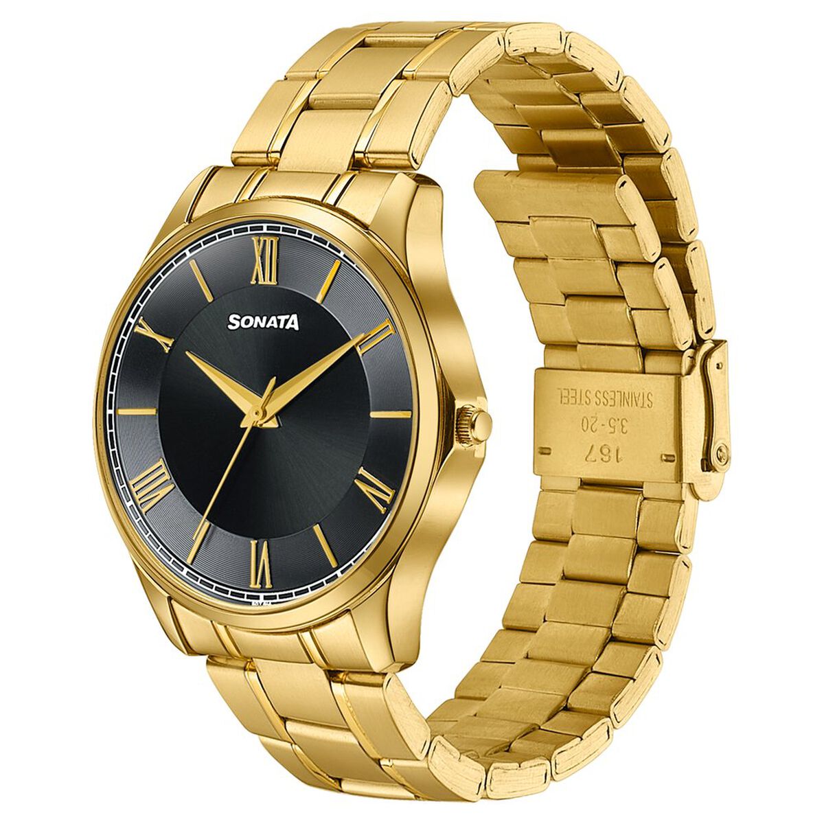Sonata Traditional Essentials Black Dial Gold-Tone Stainless Steel Strap Watch 3