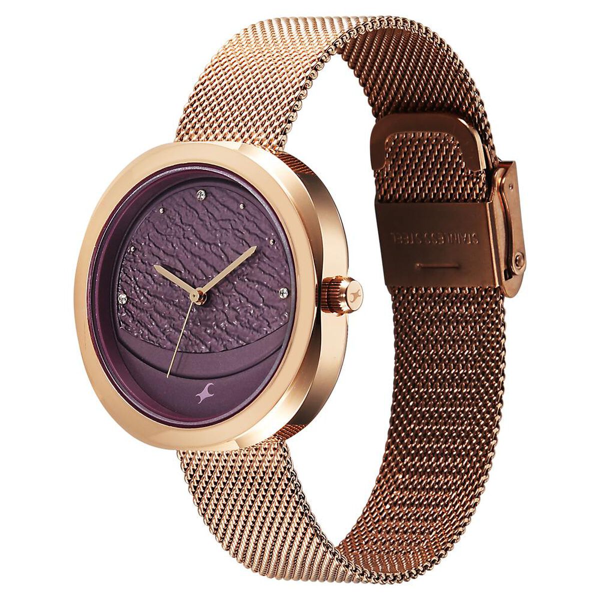 Fastrack Gelato rosegold analog mesh strap watch with Plum dial for Girls 5