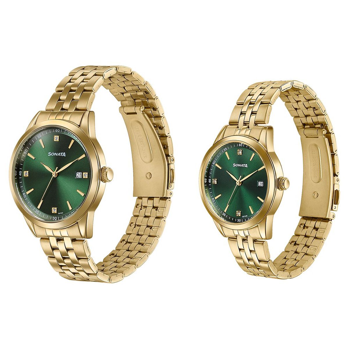 Sonata Jashn Quartz Analog Green Dial Golden Metal Strap Watch For Couple 3