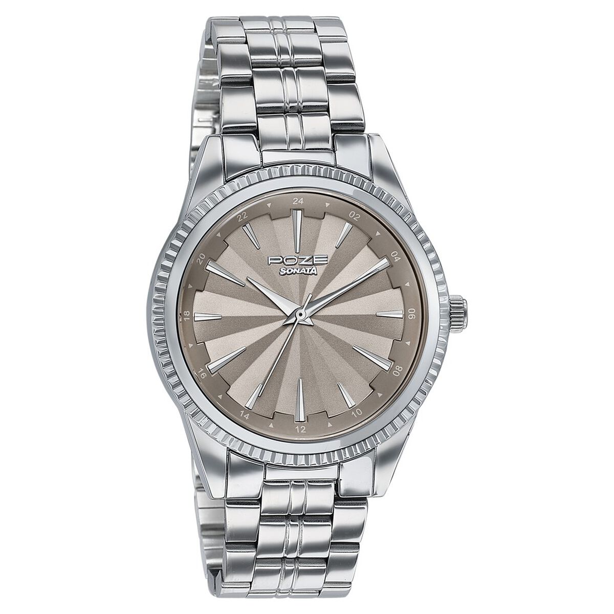 Poze By Sonata Quartz Analog Beige Dial Silver Metal Strap Watch For Men 3