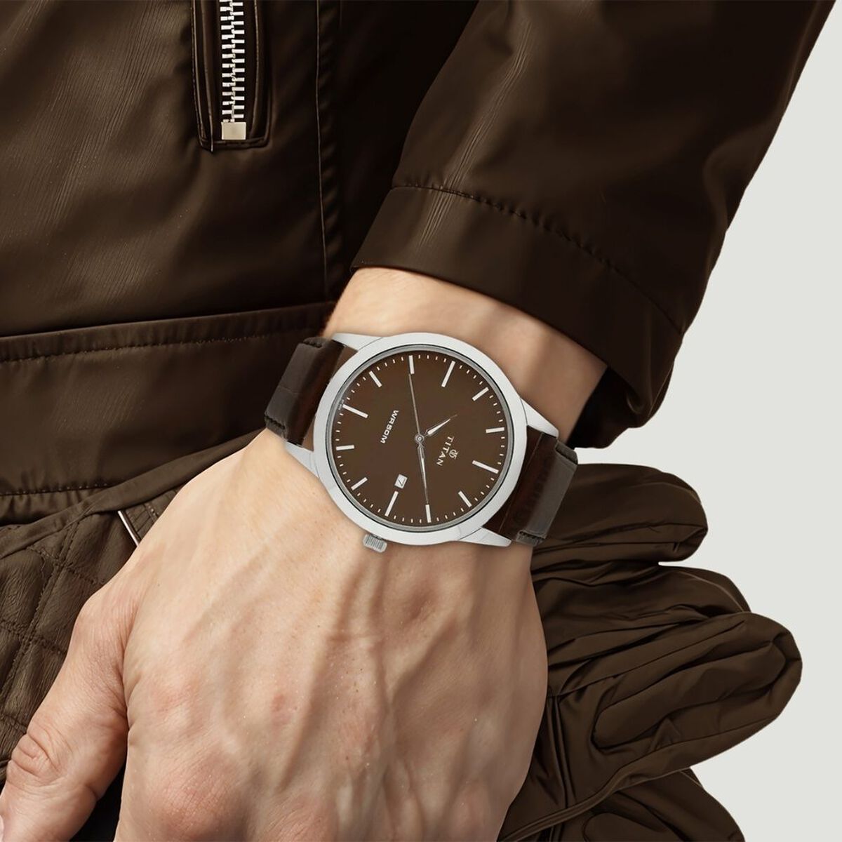 Titan Quartz Analog with Date Brown Dial Leather Strap Watch for Men 5