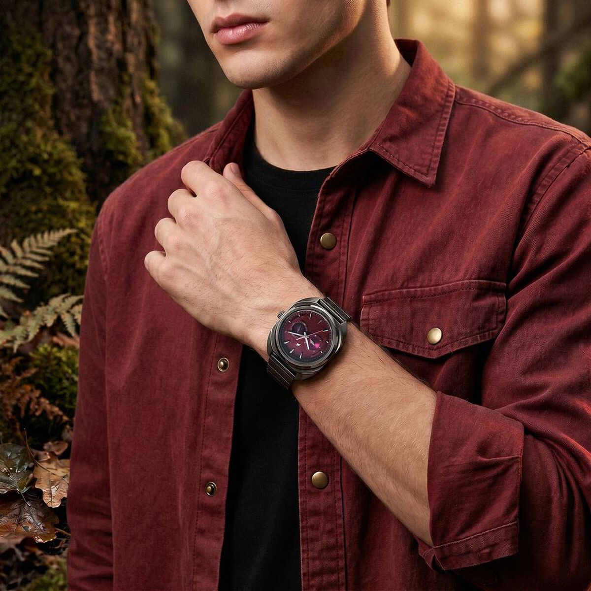 Fastrack Wild Analog with Burgandy Dial Gun Metal Strap Watch for Guys 3
