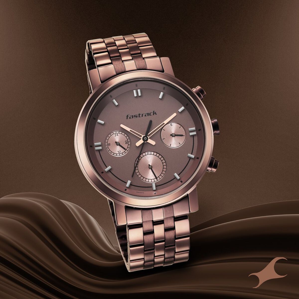 Fastrack Tick Tock Quartz Multifunction Brown Dial Metal Strap Watch for Guys 1