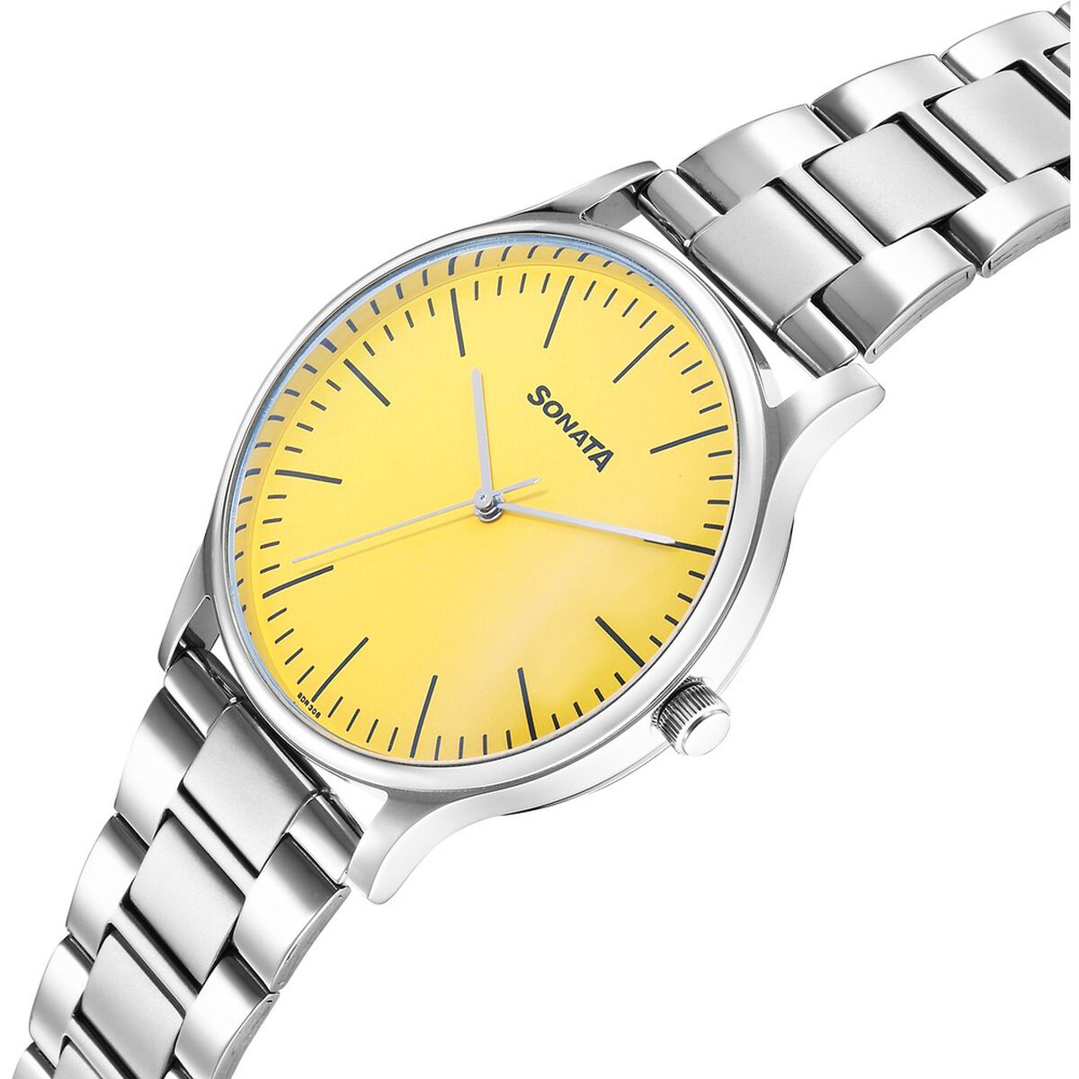Sonata Aspire Quartz Analog Yellow Dial Stainless Steel Strap Watch For Men 2