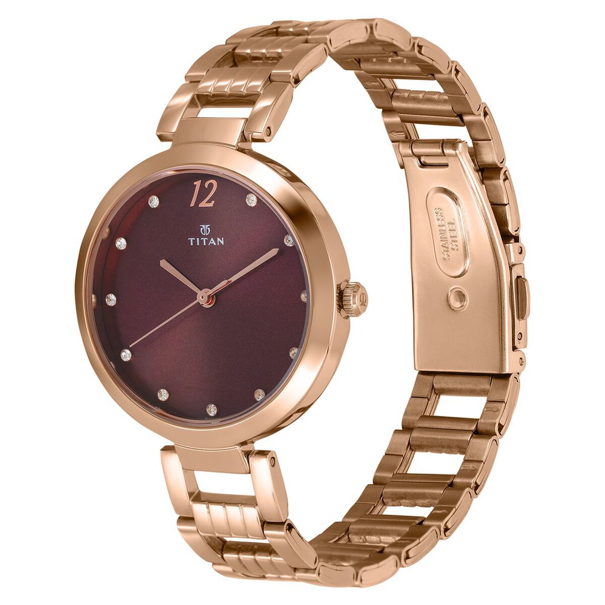 Titan Purple Sparkle Quartz Analog Purple Dial Rose Gold Stainless Steel Strap Watch For Women 3
