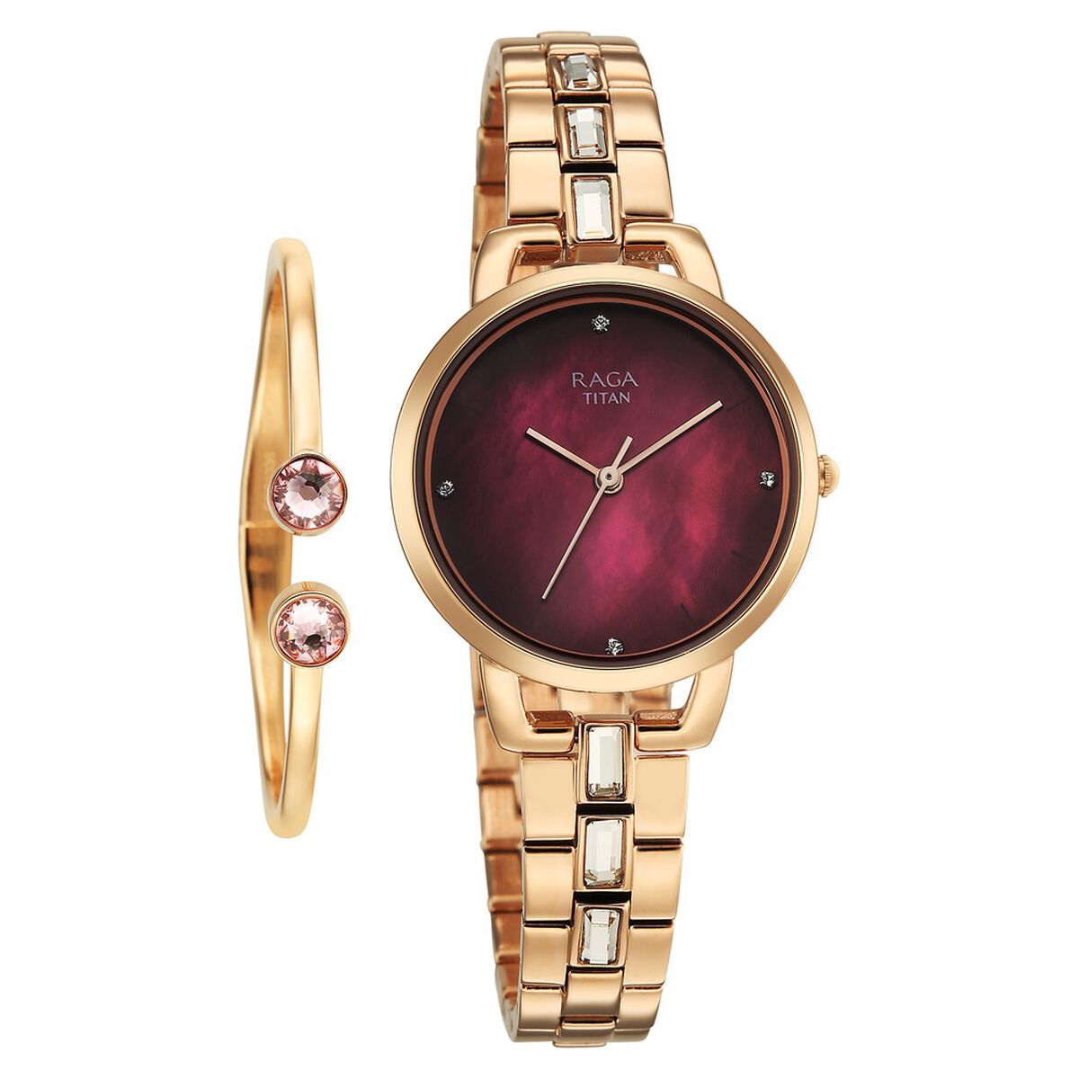 Titan Raga Glimmers Quartz Analog Red Mother of Pearl Dial Rose Gold Metal Strap Watch For Women 1