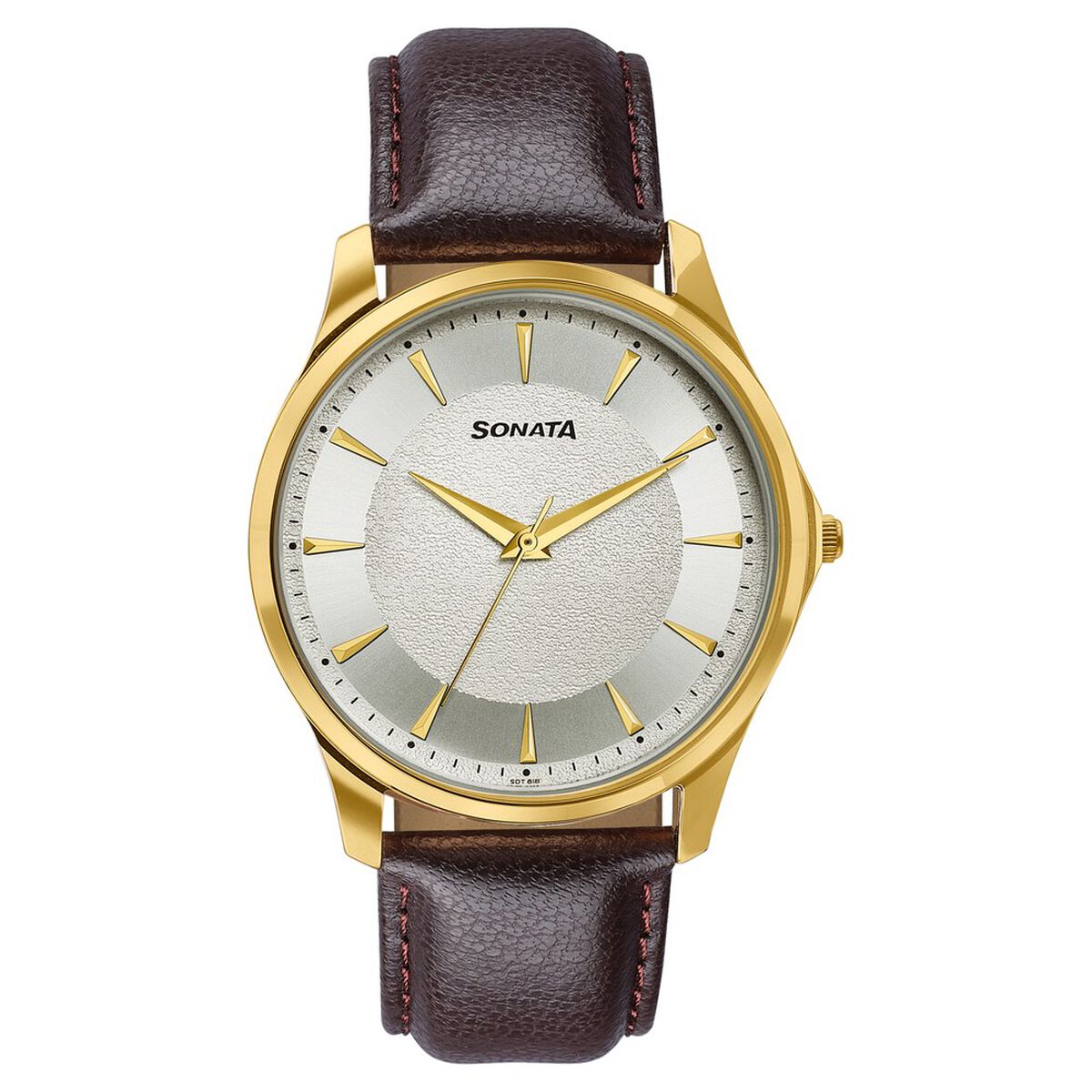Sonata Traditional Essentials Silver Dial, Gold tone case Burgundy Genuine Leather Strap Watch 1