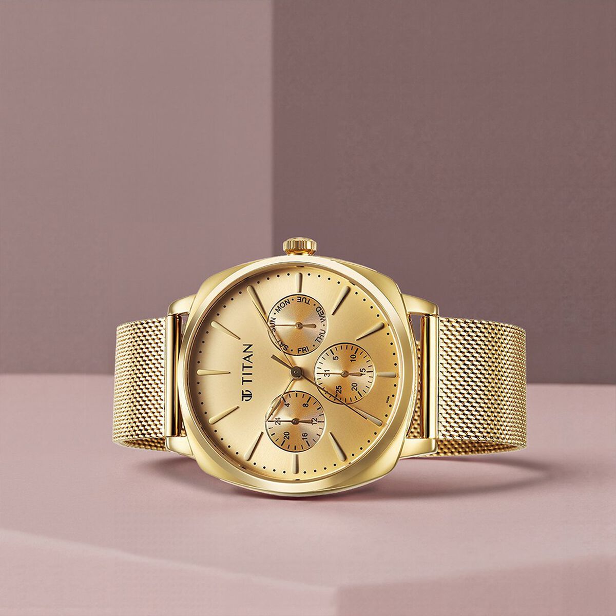 Titan Classique Suave Quartz Yellow Dial Golden Stainless Steel Mesh Strap Watch for Men 1
