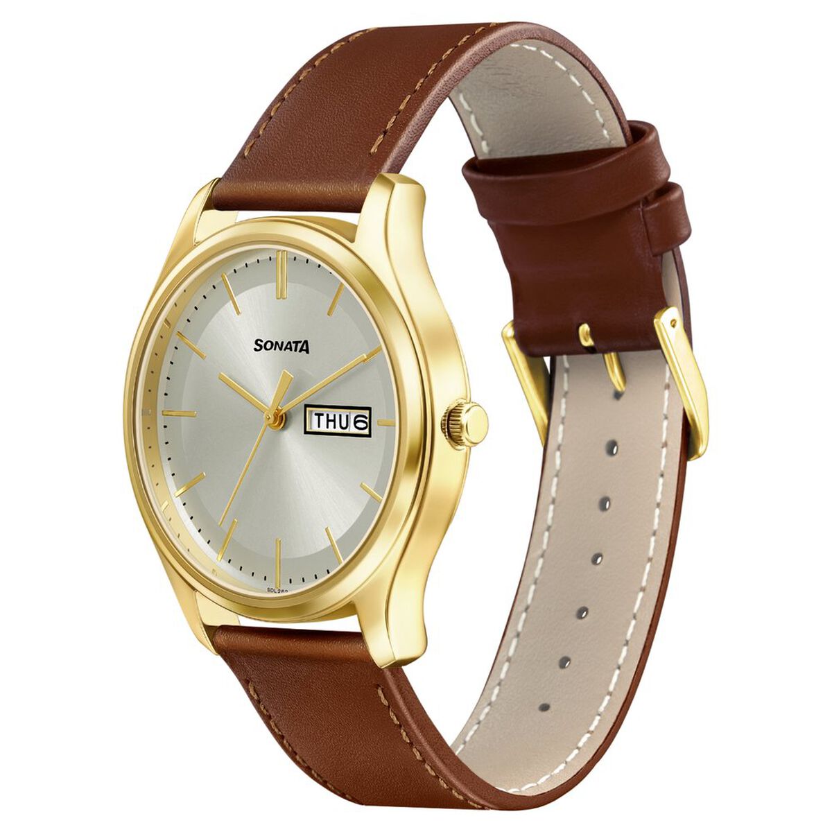 Sonata Quartz Analog with Day and Date Champagne Dial Leather Strap Watch for Men 2
