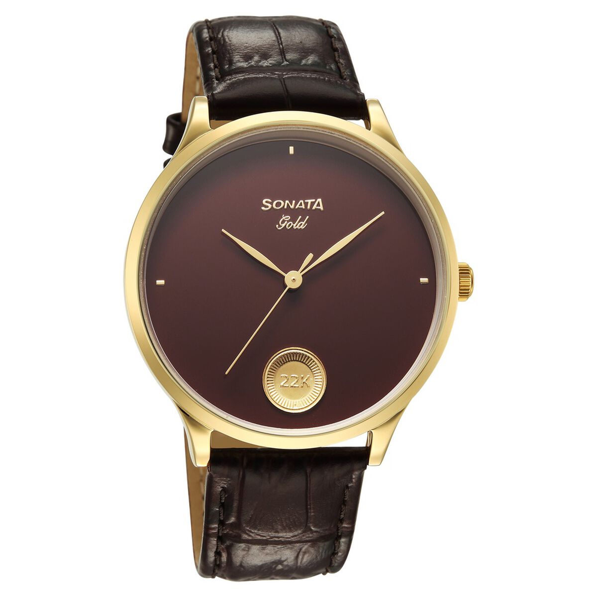 Sonata Gold Quartz Analog Regal Maroon With Gold Coin Dial Brown Leather Strap Watch For Men 1