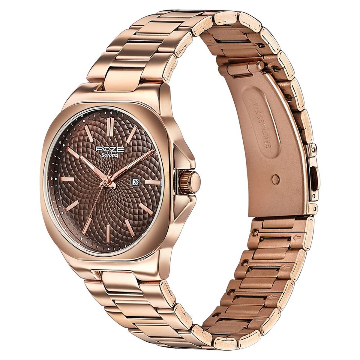 Sonata Poze Quartz Analog Brown Dial Rose Gold Colour Stainless Steel Strap Watch For Men 5