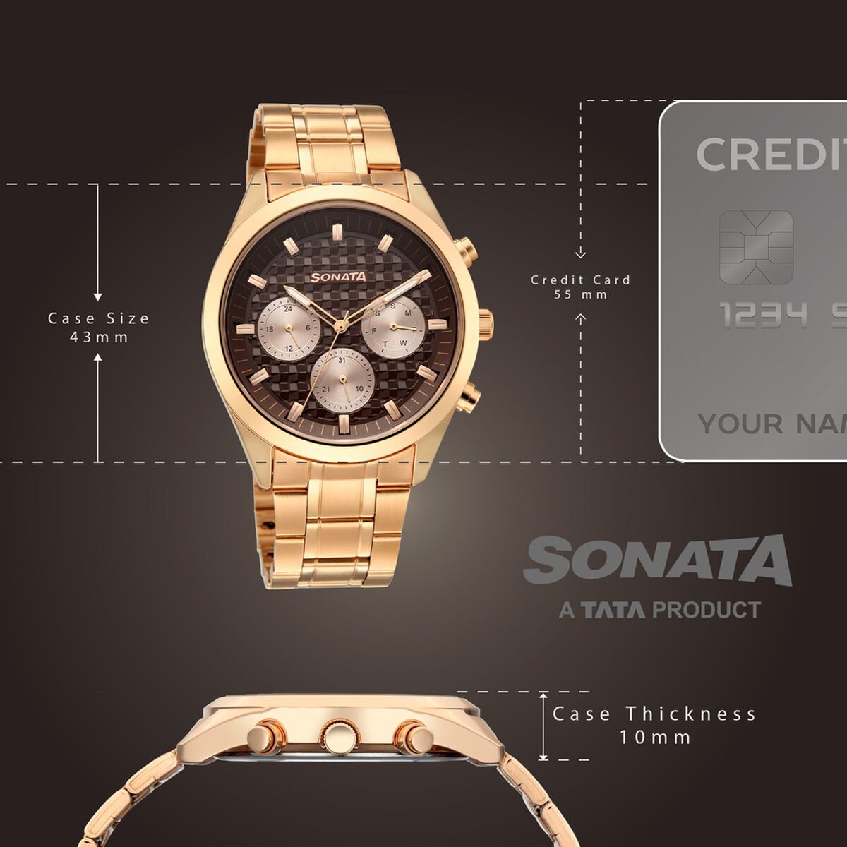 Sonata Multifunction Brown Dial Rose Gold Metal Strap Watch For Men 4