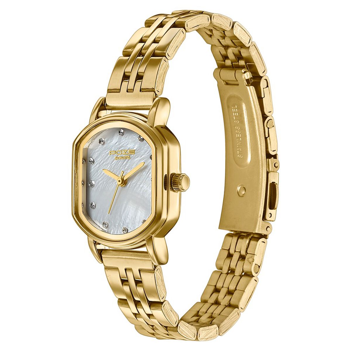 Poze By Sonata Quartz Analog White Mother of Pearl Dial Golden Stainless Steel Strap Watch For Women 5
