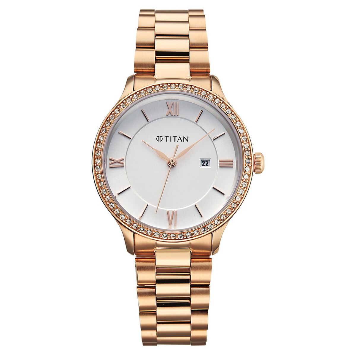 Titan Purple Prestige Quartz Analog with Date White Dial Rose Gold Stainless Steel Strap Watch For Women 1