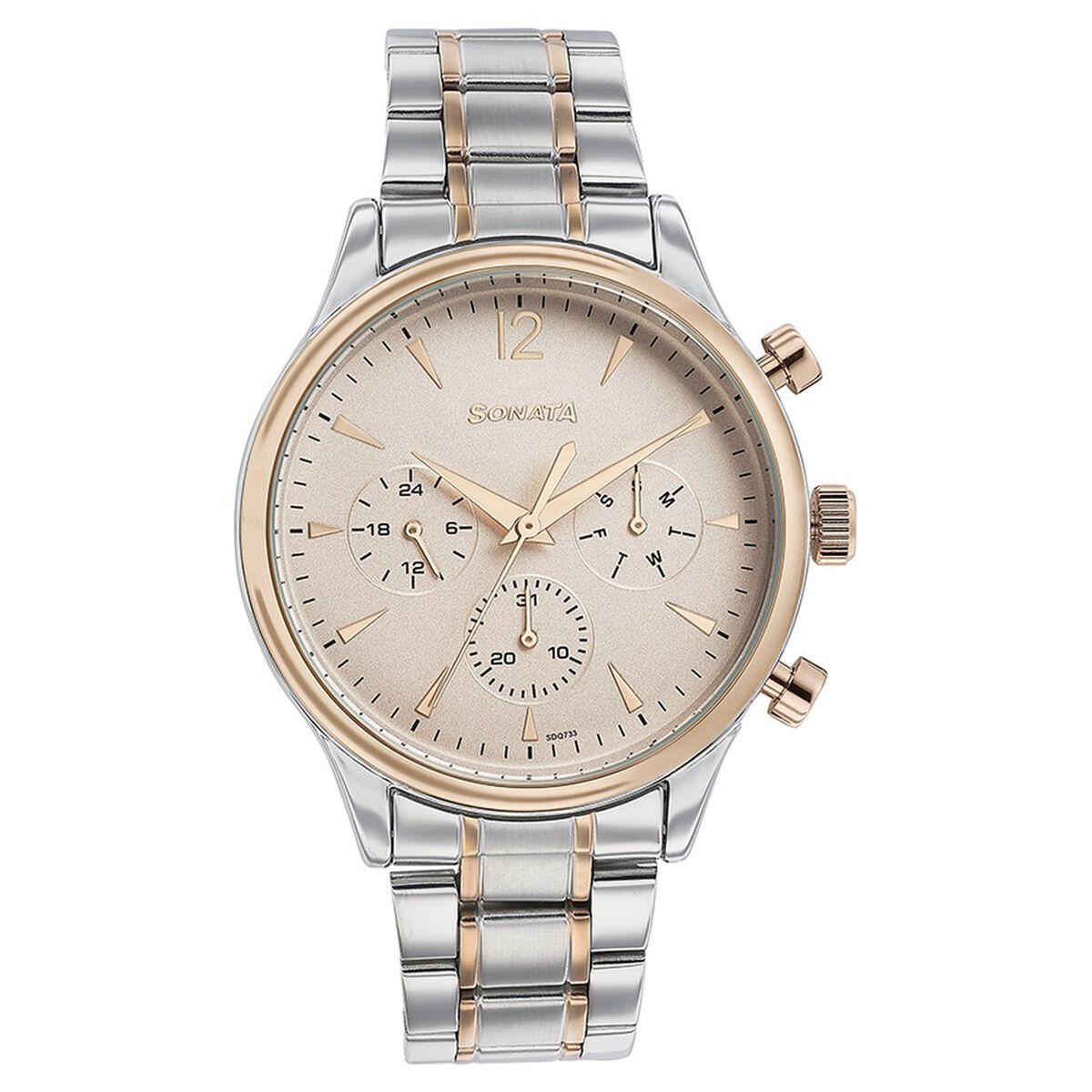 Sonata Quartz Multifunction Pink Dial Two Toned Stainless Steel Strap Watch For Men 2