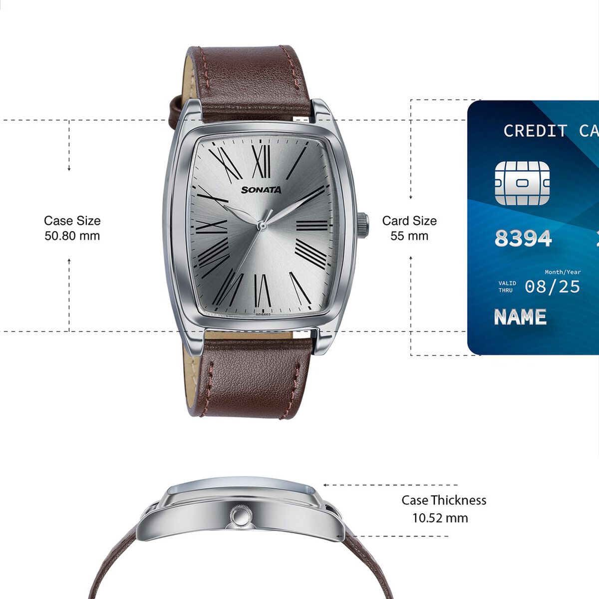 Sonata Ascent Quartz Analog Silver Dial Brown Leather Strap Tonneau Watch For Men 4